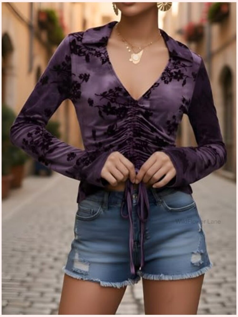 Boho Printed Crop Top Ruched Long Sleeve V Neck Blouse - Picture 4 of 7